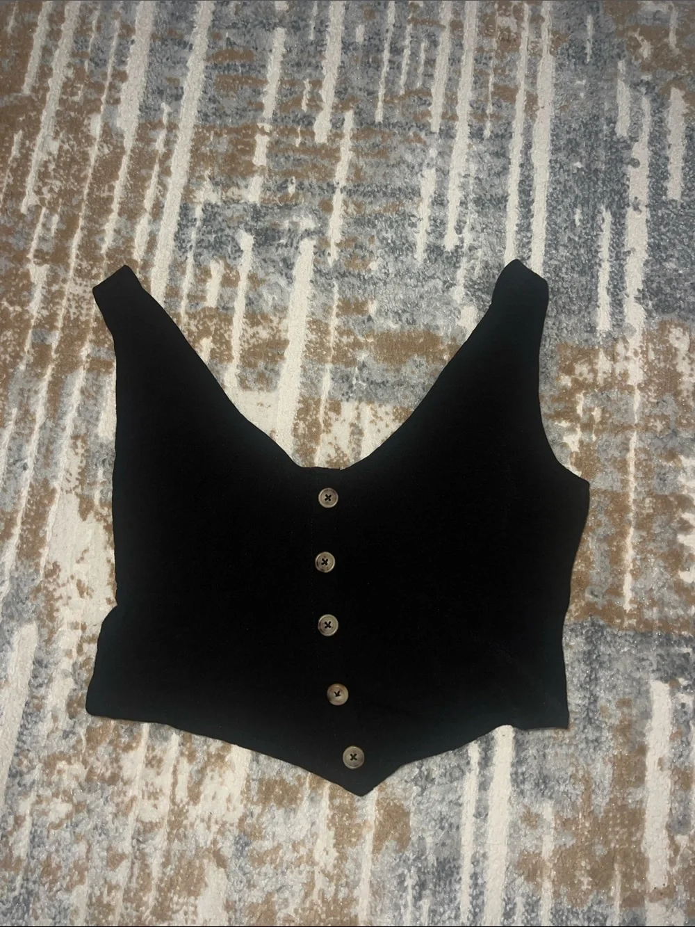 Black Button-Front V-Neck Cropped Tank Top & Black Pants Set